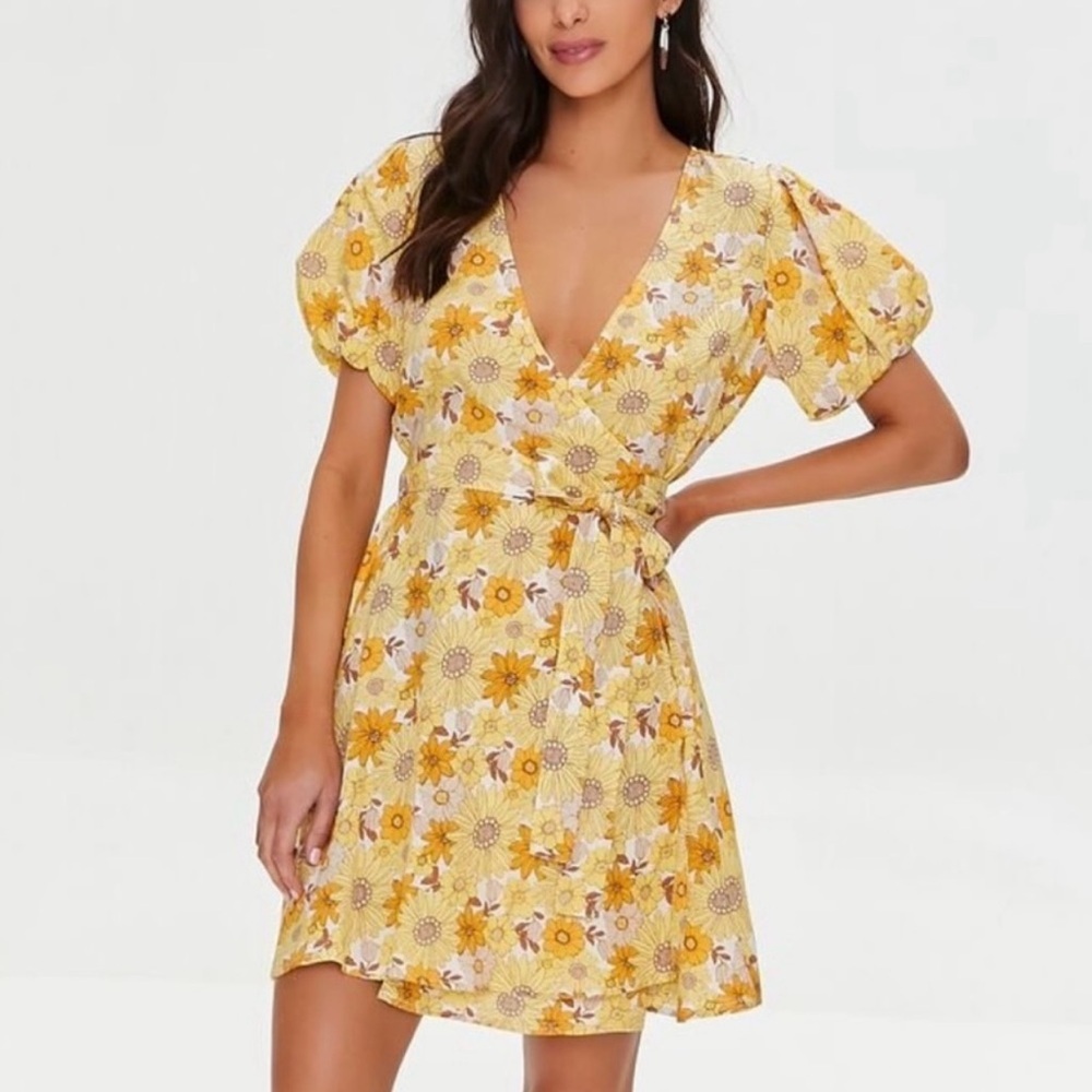 Forever 21 Women Yellow Sunflower Wrap Mini Dress - Picture 9 of 10